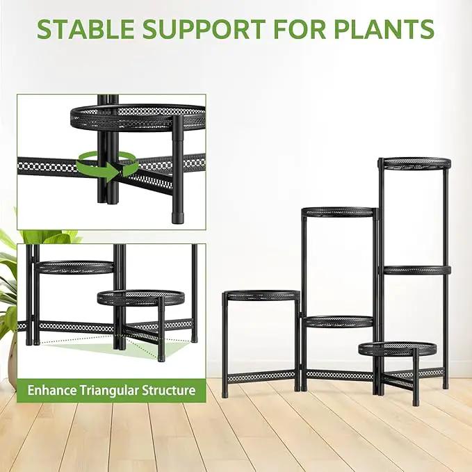 iDavosic.ly 6 Tier Large Plant Stand Indoor with 10-Inch Wide Drainage Tray, Tiered Corner Metal Outdoor Flower Display Holder Shelf, Folding Tall Rack for Patio Porch Balcony, Black Iron Carving by GreenHaven Gardens
