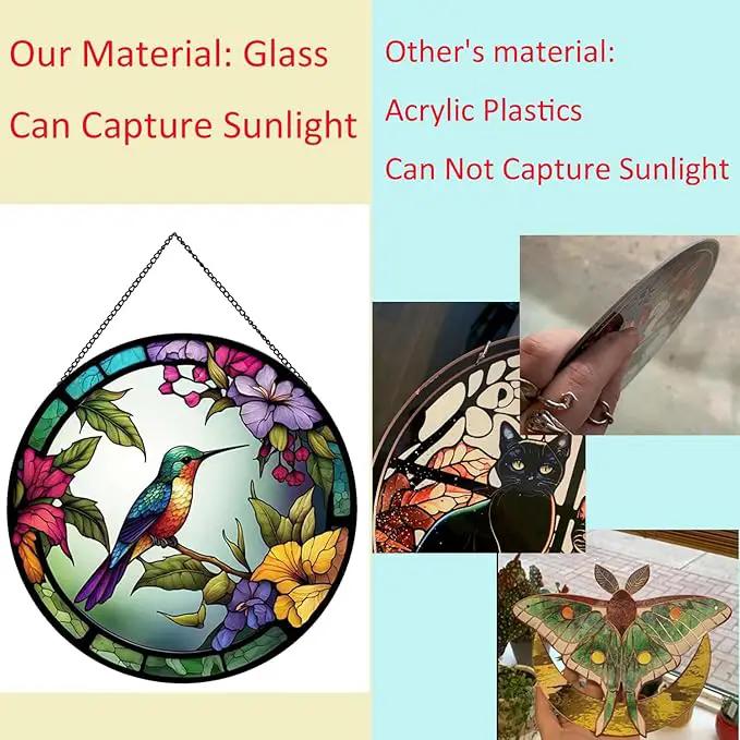 Hummingbirds and Flowers Pattern Hanging Stained Glass Suncatcher,Stained Glass Suncatchers for Windows,20cm/7.87inch Hand-Painted Sun Catcher Garden Painted Glass Panel Decor Themed Gift by GreenHaven Gardens