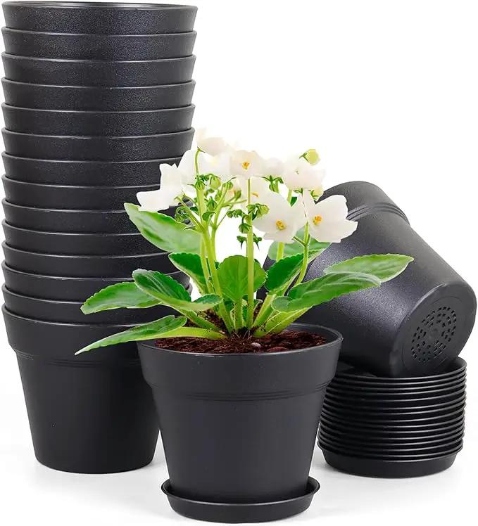 6 inch Nursery Pots, Seedling Pots, 16 Pack Plant Pots for Indoor Outdoor Plants, Flower Pots with Drainage Holes and Saucers, Decorative Plastic Planters for Home Small Plants, Black by GreenHaven Gardens