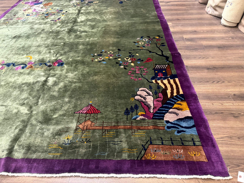Antique Chinese Nichols Rug 9x12 - Rare Green and Purple Art Deco Carpet by Jewel Rugs