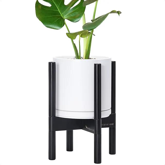 D'vine Dev Ceramic Planter with Ebony Stand - 8 Inch Modern Round Flower Pot with Wood Planter Holder, White, 55-B-M-1 by GreenHaven Gardens