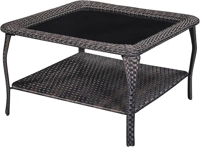 Patio Tables Outdoor Coffee Table - Wicker Rattan Coffee Tables with 2-Tier Storage Shelf Glass Top for Proch Deck Balcony Garden Squre Brown by GreenHaven Gardens