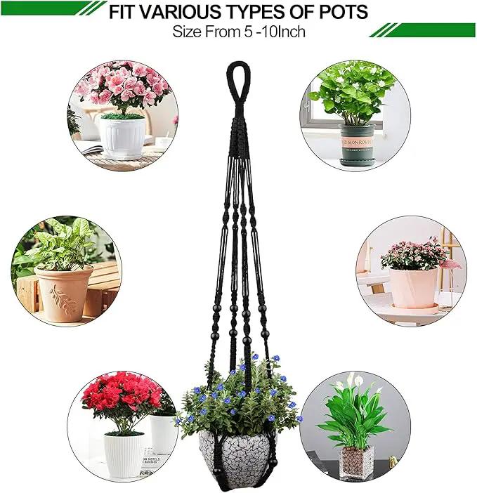 RIFNY Macrame Plant Hanger for 5 to 10 Inch Plant Pots, 35 Inch Indoor Handmade Woven Rope Hanger Kits with Hooks and Wood Beads, Hanging Planter Basket Holder for Boho Home Decor (Black, 3 Pack) by GreenHaven Gardens
