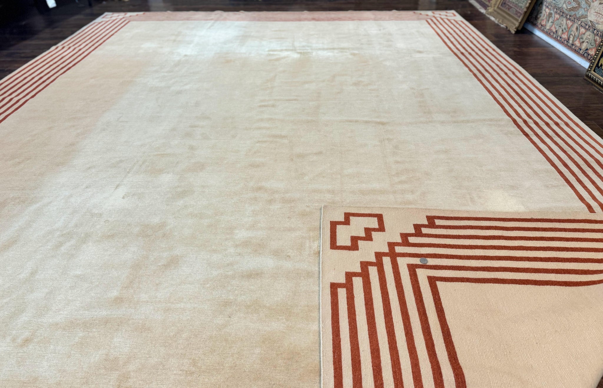 Modern Tibetan Rug 11 x 14.6, Wool and Silk, Simple Design, Handmade Large Area Rug, Cream by Jewel Rugs