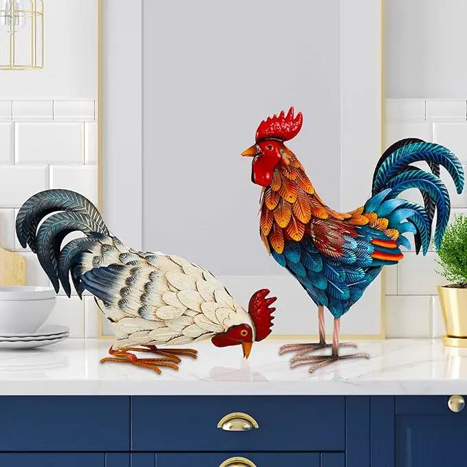 Shorayn Metal Rooster Statues, Outdoor Garden Statues, Metal Chicken Decor, Garden Sculptures & Statues, Chicken Ornaments Yard Art for Backyard Patio Lawn Decorations, Set of 2 by GreenHaven Gardens