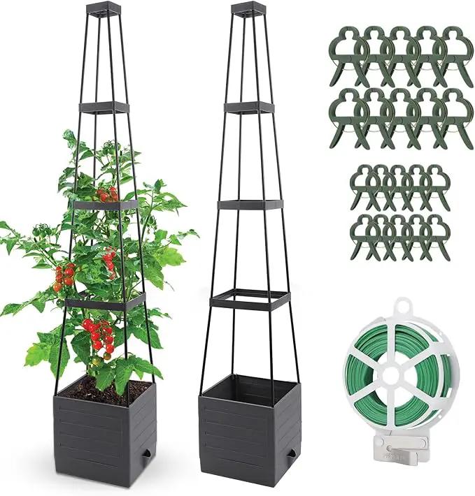 2 Pack Raised Garden Bed, Planter Boxes with Trellis 58.3'' Tomato Planters for Climbing Vine Vegetables Flowers Plants Self Watering Tomatoes Cage for Outdoor Patio Greenhouse by GreenHaven Gardens