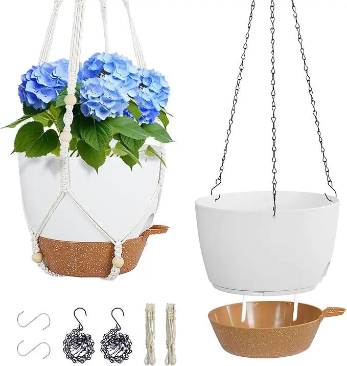 Self Watering Hanging Planters 10 inch, 2 Pack Hanging Baskets for Indoor Outdoor Plants, Hanging Flower Pots with Drainage Holes & 2 Kinds of Plant Hangers for Garden Home Décor, White Brown by GreenHaven Gardens