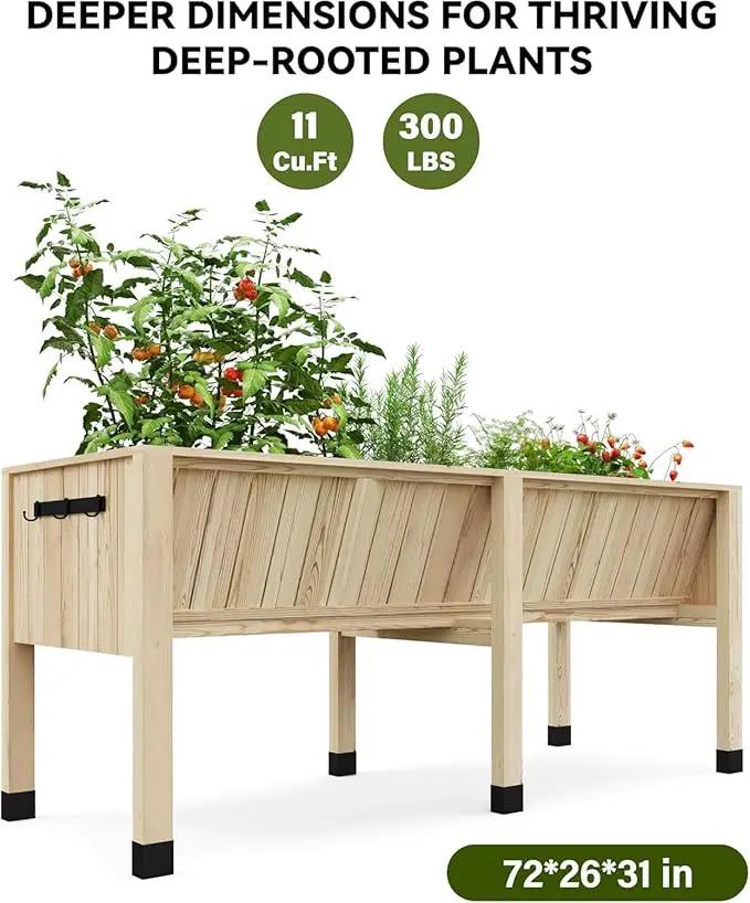 72x26x31 Inch Raised Garden Bed with Legs, 13.7In Depth Wooden Planter Box for Outdoor Growing Vegetables and Herbs, Elevated Garden Bed with Hooks for Backyard, Patio, Balcony by GreenHaven Gardens