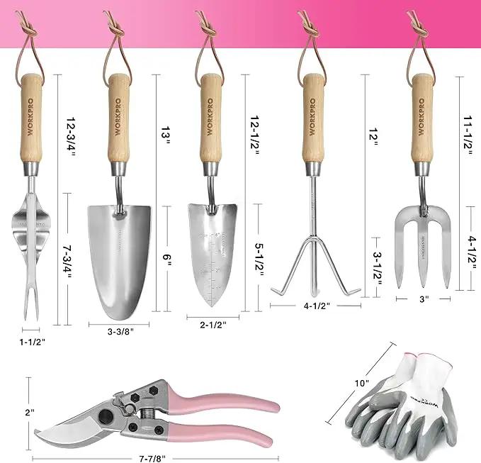 WORKPRO 8-Piece Pink Garden Tool Set, Stainless Steel Gardening Tools with Wood Handle, Including Garden Tote, Gloves, Trowel, Hand Weeder, Cultivator and More, Gardening Gifts For Women - Pink Ribbon by GreenHaven Gardens