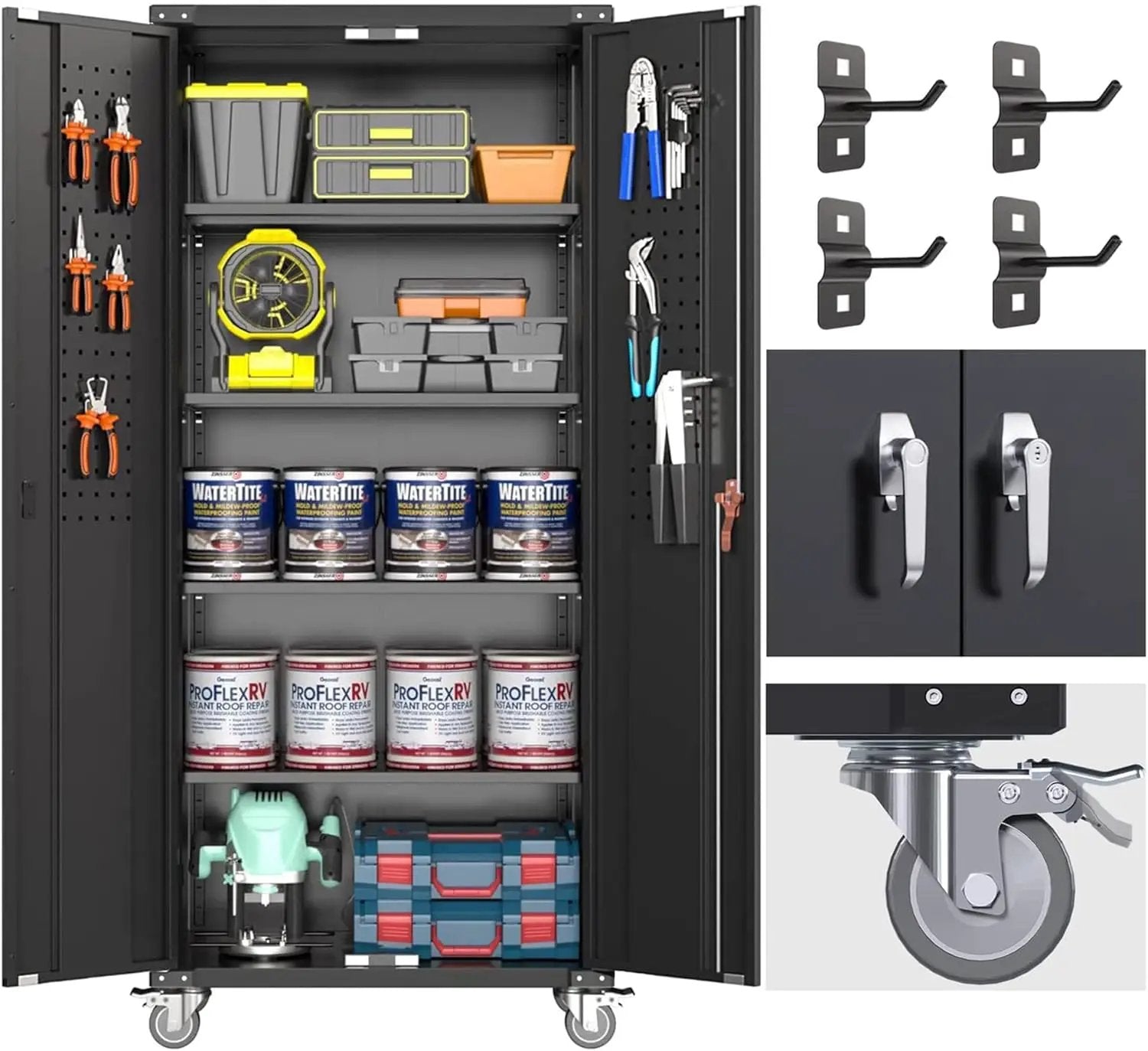 Garage Storage Cabinet with Wheels & Pegboard, 72" H Locking Metal Storage Cabinet with Doors and 4 Adjustable Shelves for Garage Workshop Home, Assembly Required, Black by GreenHaven Gardens