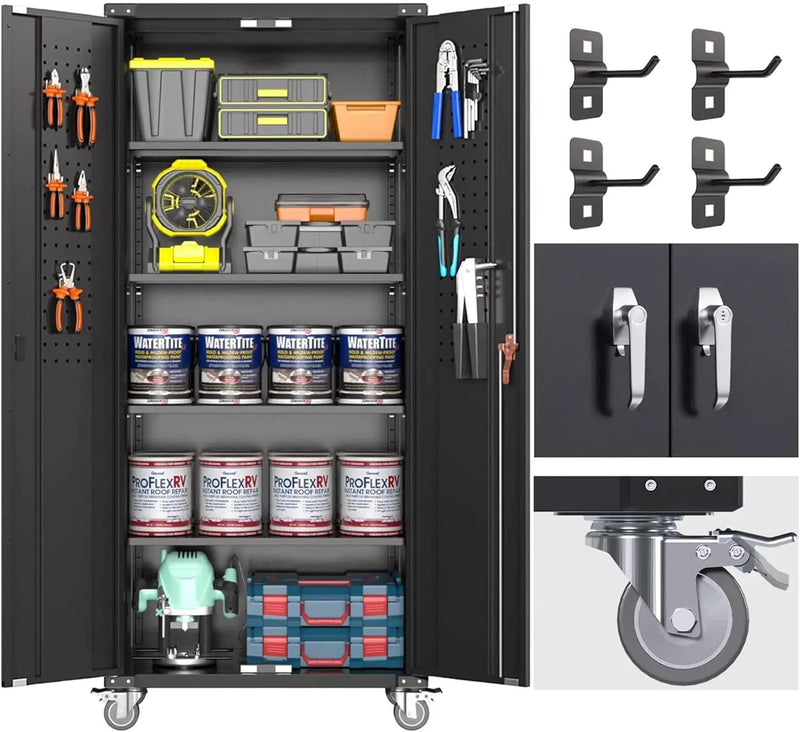 Garage Storage Cabinet with Wheels & Pegboard, 72" H Locking Metal Storage Cabinet with Doors and 4 Adjustable Shelves for Garage Workshop Home, Assembly Required, Black by GreenHaven Gardens