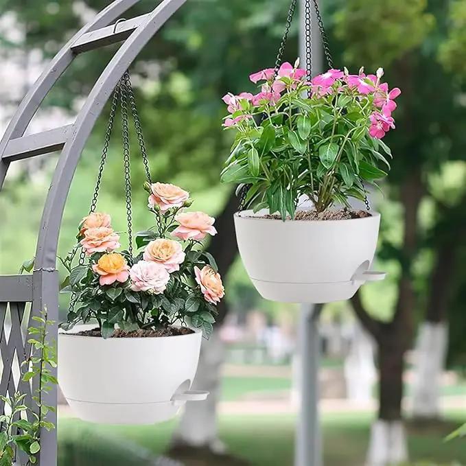 12 Inch Hanging Baskets 2 PC with Chains, Self-Watering Hanging Planters for Indoor Outdoor Plants, Plastic Hanging Flower Pots,White by GreenHaven Gardens