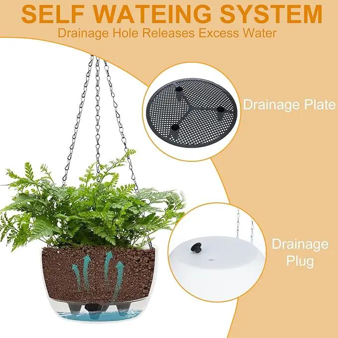 2 Packs Hanging Planters Basket for Outdoor Plants, Solar Powered Self Watering Black Round Plastic Flower Pots with Drainer for Balcony Patio Garden Outdoor Decoration by GreenHaven Gardens