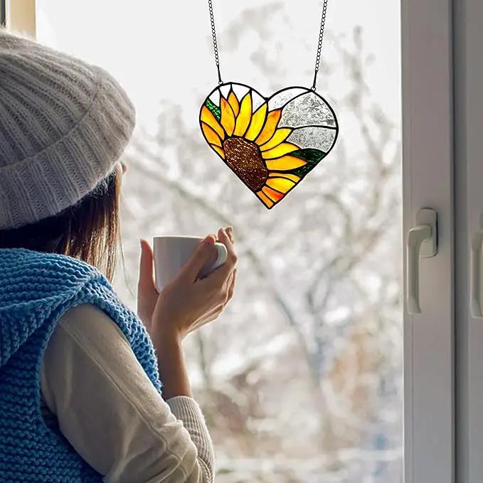 BOXCASA Sunflower Stained Glass Window Hangings,Sunflower Stained Glass Suncatcher,Heart Shape Sunflower Best Teacher Gifts for Women Birthday,Sunflower Decoration for Home Indoor Window by GreenHaven Gardens