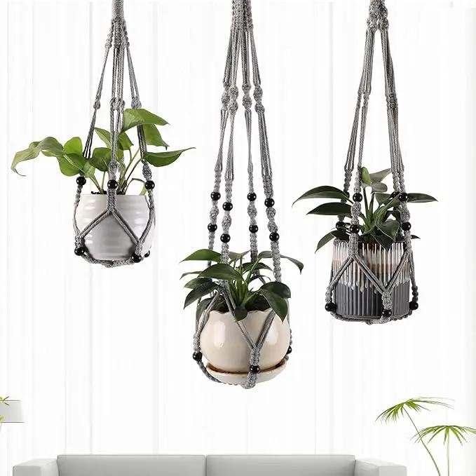 3-Pack Macrame Plant Hanger Indoor - Hanging Planter Basket for Indoor Outdoor - Decorative Boho Plant Holders Set with Beads - Ceiling Flower Pot Holder with 6 Hooks - 35"/30"/24" Gray by GreenHaven Gardens
