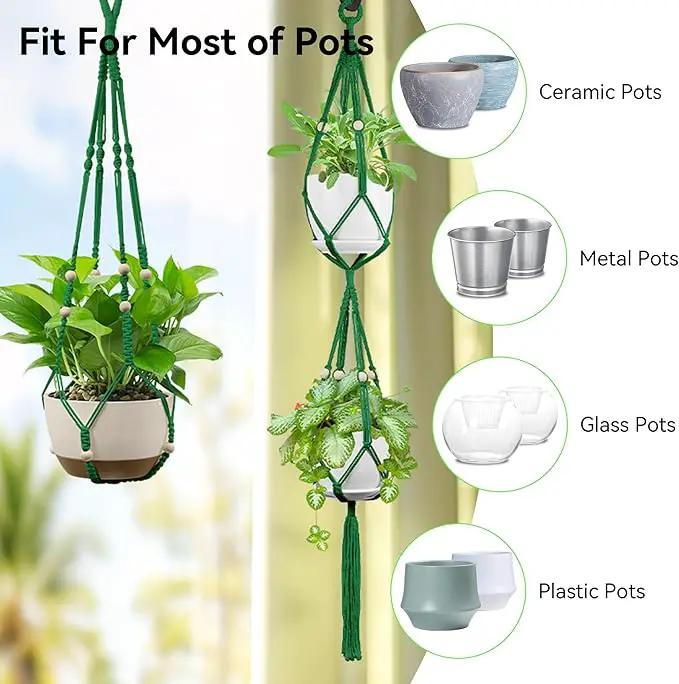 USLAI Macrame Plant Hanger Indoor Outdoor, Up to 4-15 inch Pot, Heavy 20lb Planters, Extra Long Strong Hanging Planter Basket Holder, Boho Home Decor, 35+49 Inch, Green (POTS NOT Included) by GreenHaven Gardens