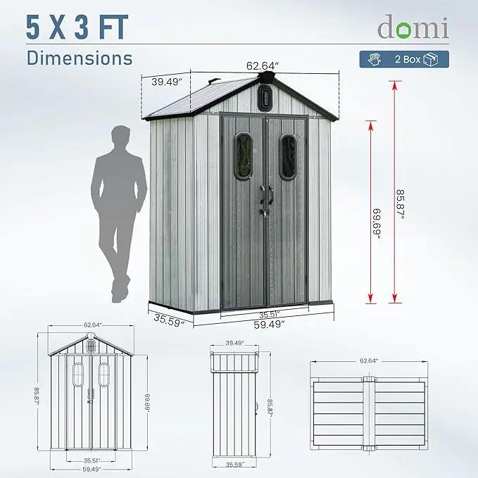 Domi 5x3 FT Outdoor Resin Storage Shed, All-Weather Double-Wall Storage Building for Backyard, Garden, Lawn Tools, Mower, Bike & Pool Equipment, Lockable Doors, Ventilated Roof, Grey by GreenHaven Gardens