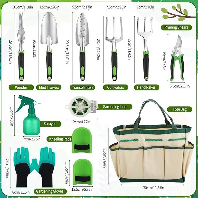 Garden Tool Set, 11 Piece Stainless Steel Heavy Duty Gardening Supplies with Green Black Handle Outdoor Weeding Gifts for Women by GreenHaven Gardens