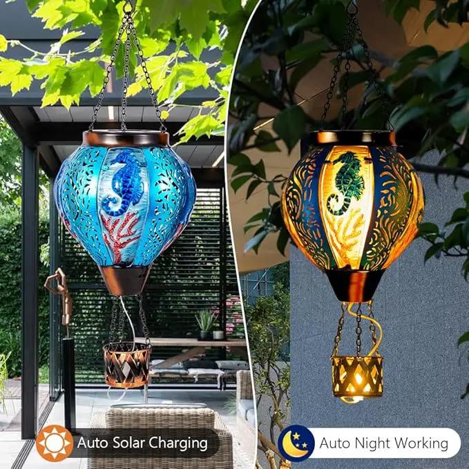 Seahorse Solar Hot Air Balloon Lantern with Flame Flickering Metal Hot Air Balloon Solar Lanterns Outdoor Waterproof Hanging Outdoor Lights for Yard,Patio,Garden Decor Birthday Gift for Women by GreenHaven Gardens