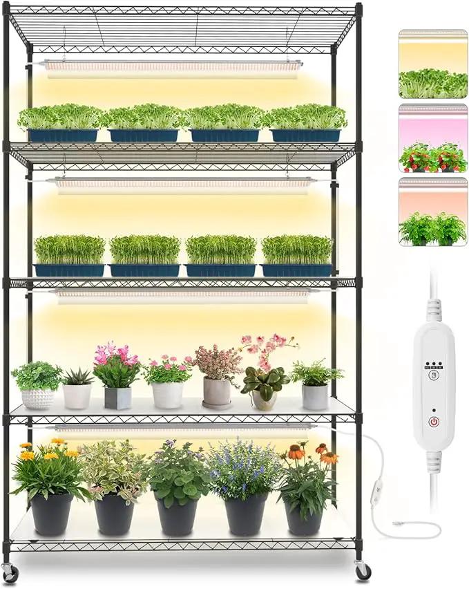 Plant Shelf with Grow Lights, 5 Tier Large Tall Plant Stand with 3FT T5 144w Grow Light for Indoor Plants, 3 Mode Full Spectrum LED Plant Light with wheel and Timer for Seedling, 47.2x17.8x71IN by GreenHaven Gardens