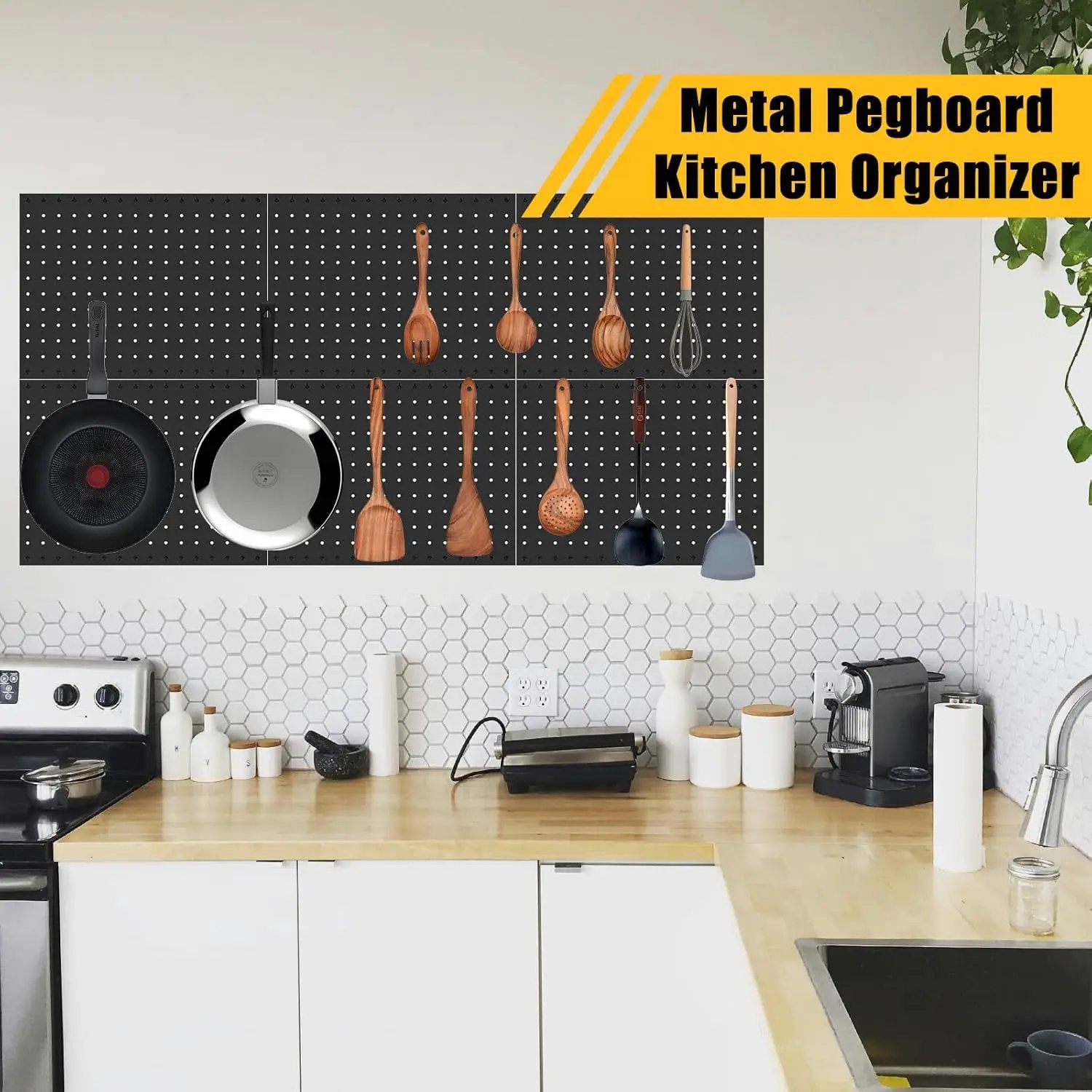 6 Pcs Metal Pegboard Panels, Heavy Duty Peg Boards for Garage and Garden Tool Storage, Includes Drywall Anchors and Screws Kits, Black (6 pcs 16in x 12in) by GreenHaven Gardens