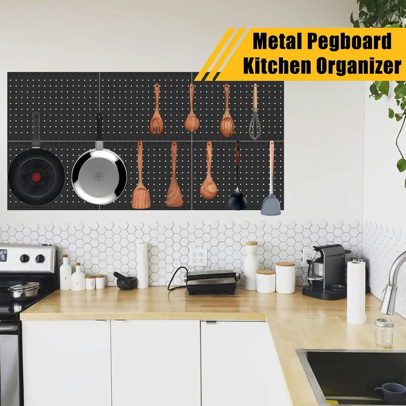 6 Pcs Metal Pegboard Panels, Heavy Duty Peg Boards for Garage and Garden Tool Storage, Includes Drywall Anchors and Screws Kits, Black (6 pcs 16in x 12in) by GreenHaven Gardens