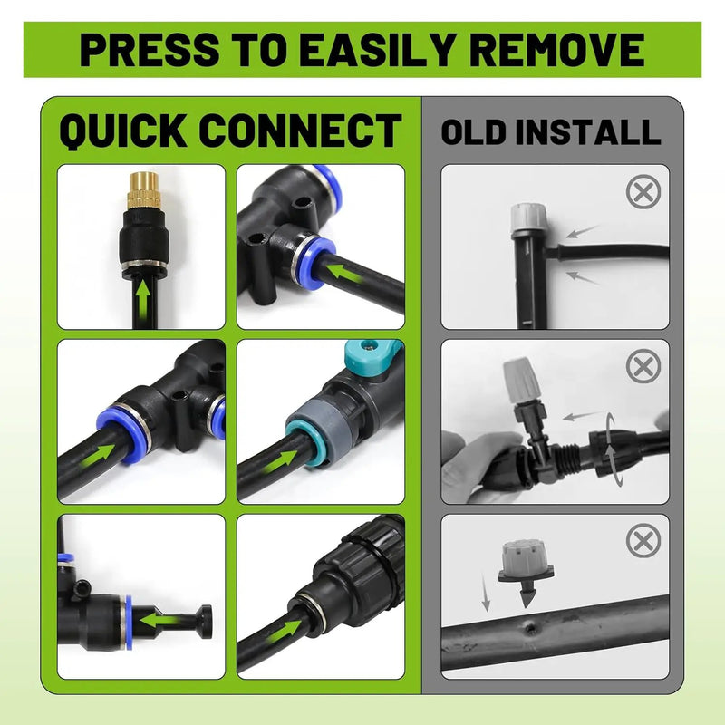 Drip Irrigation Kit - 100 FT. Hose Sprinkler System with 360° nozzles and T-connectors for Gardens, lawns, Plants, Flower beds, Trees, patios and hydroponics (Closeable nozzle-16) by GreenHaven Gardens