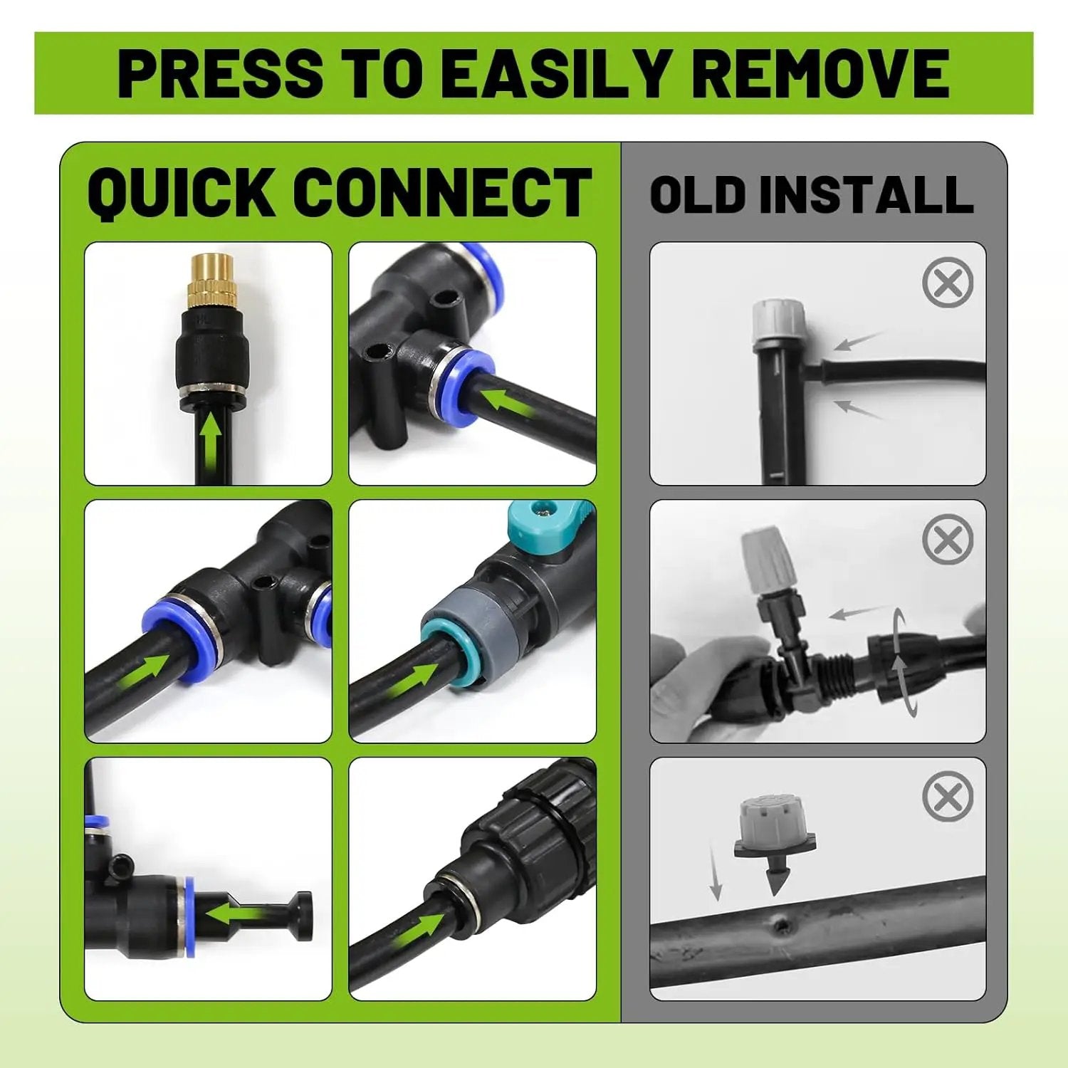 Drip Irrigation Kit - 100 FT. Hose Sprinkler System with 360° nozzles and T-connectors for Gardens, lawns, Plants, Flower beds, Trees, patios and hydroponics (Closeable nozzle-28) by GreenHaven Gardens