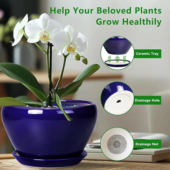 Ceramic Planter - 13 Inch Indoor Plant Pot for Plants with Drainage Hole and Saucer Large Planter Round Outdoor Flower Pot Mid-Century for House Patio Room Decor Blue by GreenHaven Gardens