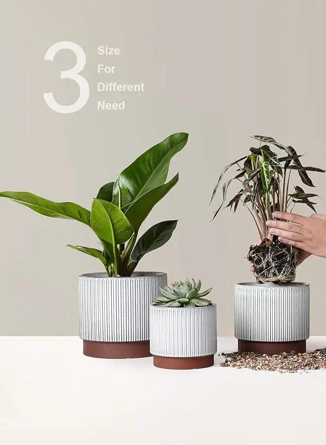 LE TAUCI Ceramic Plant Pots with Drainage Holes, Set of 3, 8+6.7+5.5 Inch Stripe Garden Planter Pots for Outdoor Indoor Plants Flower, Round Succulent Orchid Flower Pot, Reactive Glaze White by GreenHaven Gardens