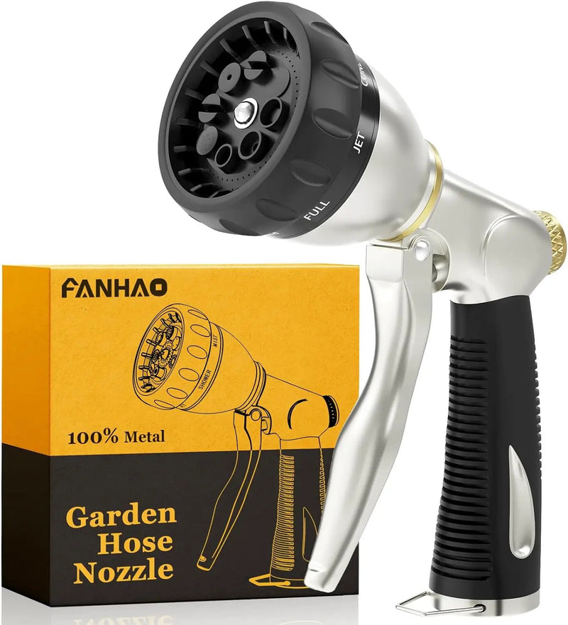 FANHAO Heavy Duty Garden Hose Nozzle, 100% Metal Water Nozzle with 8 Adjustable Spray Patterns, High Pressure Hose Sprayer with Non-Slip Grip for Watering Plants & Lawns, Washing Cars & Pets -Silver by GreenHaven Gardens