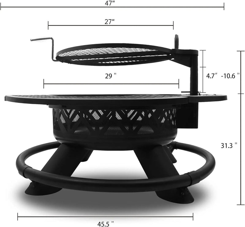 Red Mountain Valley 47" Outdoor Fire Pit with Adjustable Grill, 2-in-1 Outdoor Large Wood Burning Firepit Bowl, Bonfire Patio Fire Pits with Cooking grates, Metal Round Table for Backyard by GreenHaven Gardens