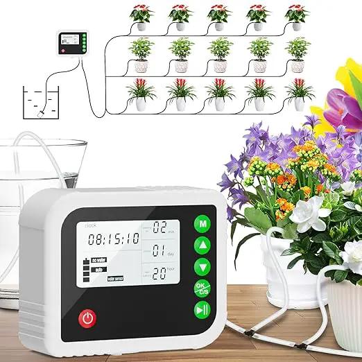 Automatic Plant Water Indoor, 15 Potted Plants Self Watering System, Automatic Drip Irrigation Kit Plant Watering Devices Programmable Water Timer, LED Display and Power Supply by GreenHaven Gardens