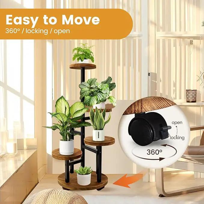 GEEBOBO 5 Tier Plant Stand With 4 Wheels, Metal Wood Tall Plant Stands For Indoor Plants Multiple, Corner Tiered Flower Plants Shelf Stand for Living Room Bedroom, Brown by GreenHaven Gardens