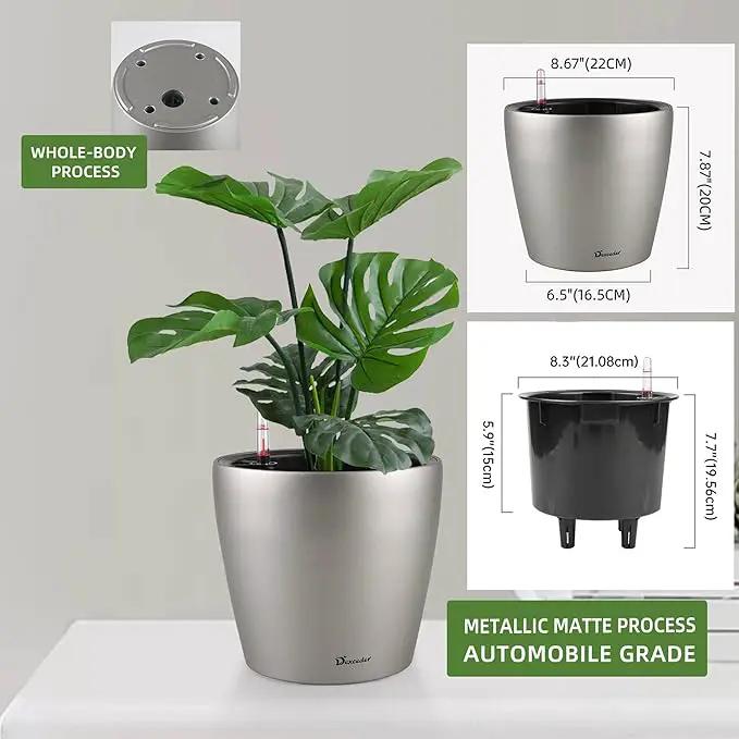 Dexceder 9x8 Inches Self Watering Planter Metallic Matte Indoor Outdoor, Inner Pot Design, Thickened Table Flower Plant Pot with Water Level Indicator (Smoky Gray) by GreenHaven Gardens