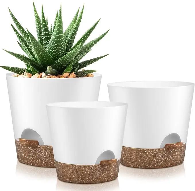 Indoor Outdoor Plant Pots- Self Watering Planters with Drainage Holes and Saucers, 9,8, 7.5 Inches, 3 Pots (Snow) by GreenHaven Gardens