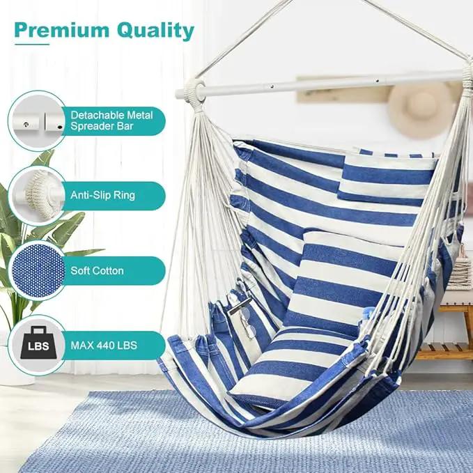 Hammock Chair, Hanging Chair with 3 Cushions and Foot Rest Support, Sturdy Metal Spreader Bar Max 440 Lbs, Swing Chair for Bedroom, Indoor & Outdoor, Patio, Porch or Tree（Blue and White） by GreenHaven Gardens