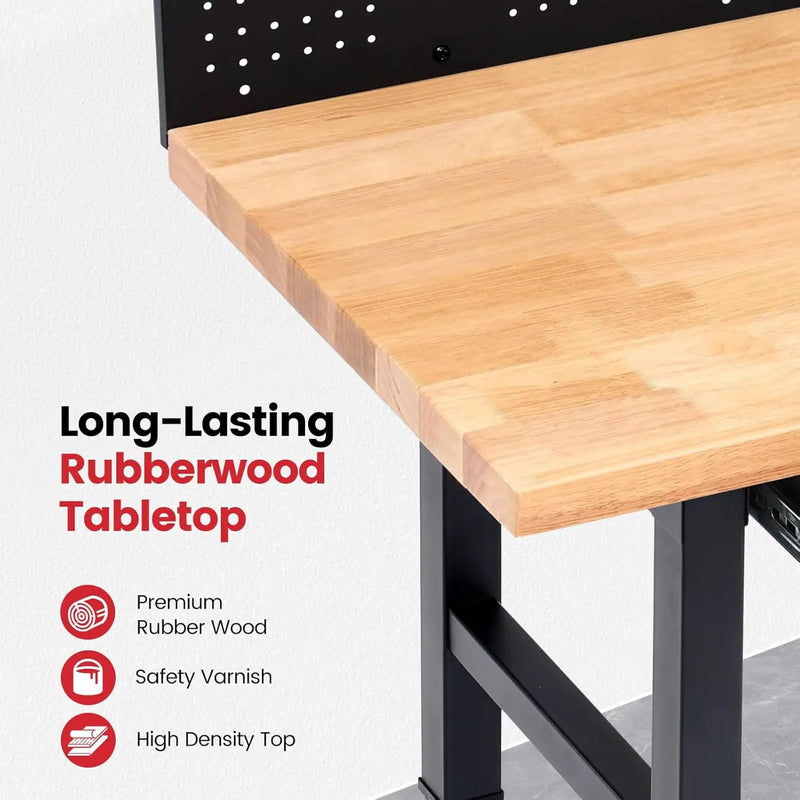 Workbench with Wheels 60 x 22 Inch Adjustable Height Work Table for Garage Heavy Duty Rubberwood Tabletop Work Bench with LED, Drawers, Pegboard, Power Outlets for Office Home Commercial by GreenHaven Gardens