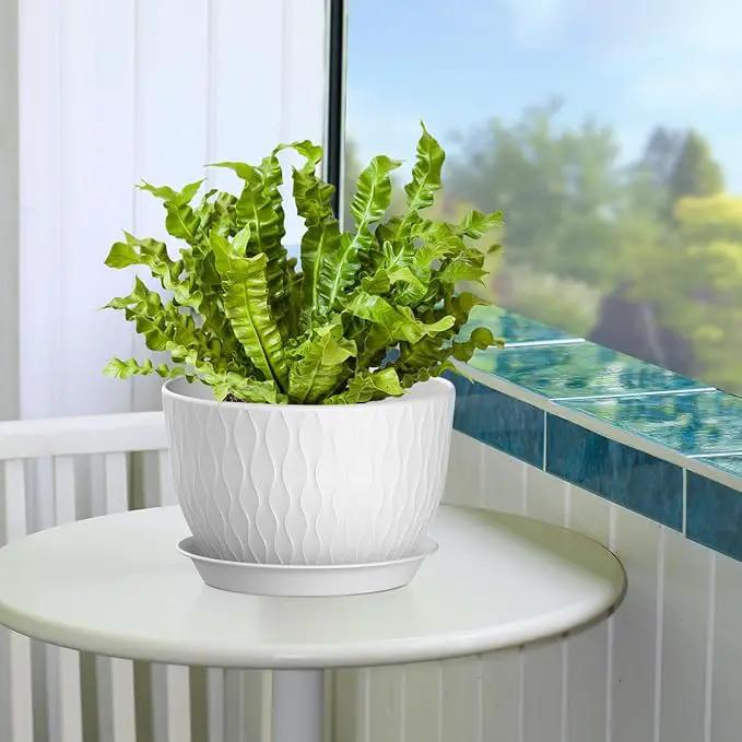 Plant Pots 12/10/9 Inch Pots, Set of 3 Plastic Planters with Drainage Holes and Saucers,Plastic Flower Pots,Nursery Planting Pot for Indoor Out Door Plants（White） by GreenHaven Gardens