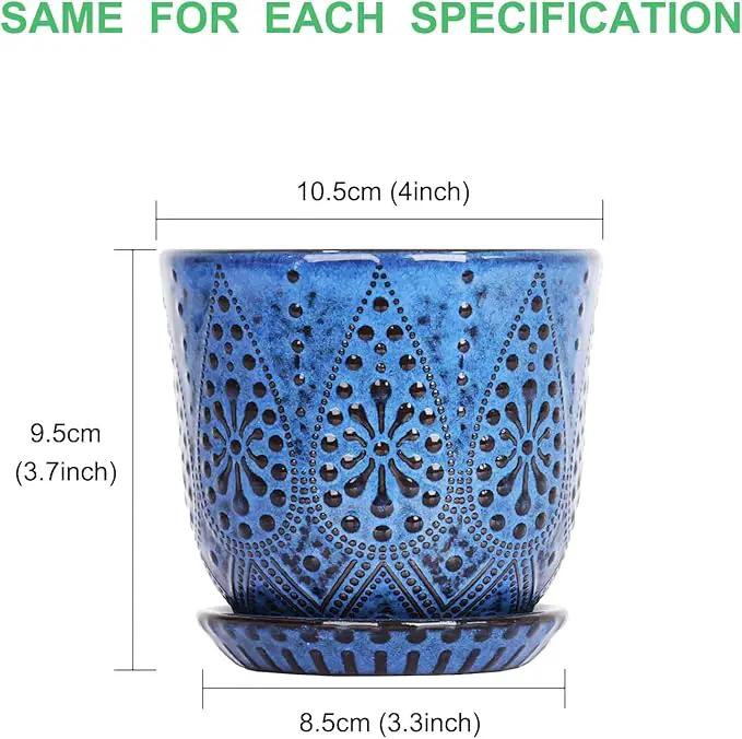 Gepege Succulent Pots, 4 Inch Small Indoor Ceramic Planter Pot with Drainage Holes and Saucers for Plants- Blue - Set of 4 by GreenHaven Gardens