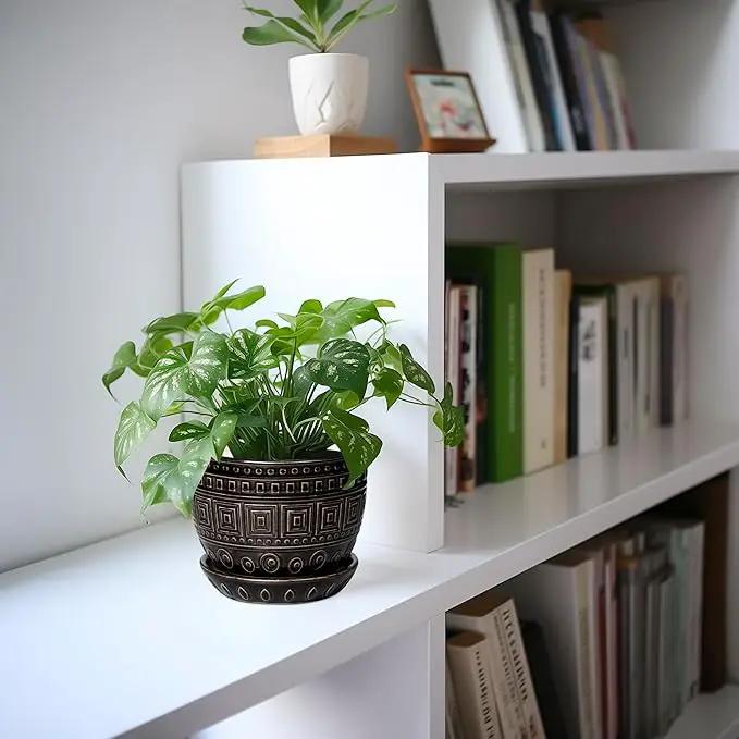 G EPGardening Ceramic Plant Pot - 5.5 Inch Ceramic Planter for Indoor Plants, Boho Round Indoor Flower Pot with Drainage Hole and Saucer, Plant Lover Gifts, Garden Home Room Decor, Black by GreenHaven Gardens