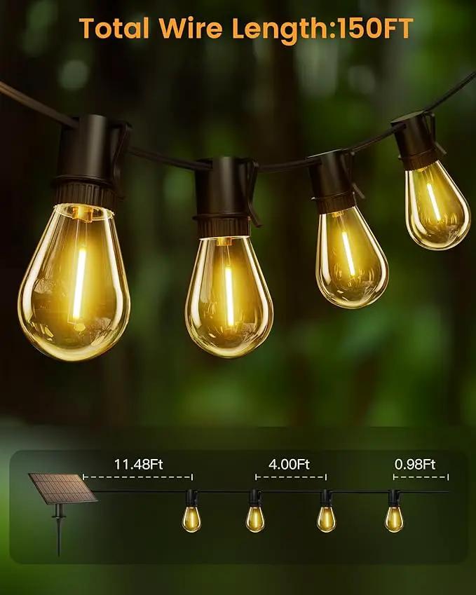 Solar Powered 150FT Outdoor String Lights 35+2 LED Bulbs Waterproof Shatterproof Remote Control Dimmable Extra Long Hanging Lights for Large Yard Deck Market Cafe Event Lighting by GreenHaven Gardens