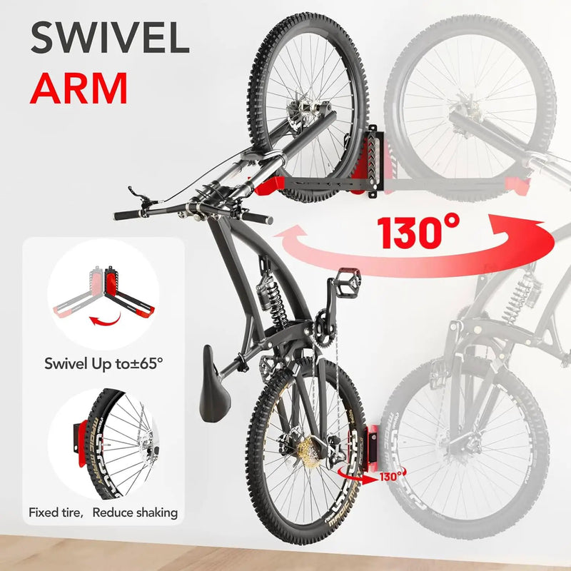 3-Pack Swivel Bike Rack Wall Mount, Bike Hangers for Garage, Space-Saving Vertical Bike Holder, Holds up to 77 lbs, Bicycle Wall Hanger Storage, No Heavy Lifting Required Indoor Hanging Bike Rack-Red by GreenHaven Gardens