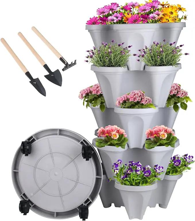 Vertical Planter 5 Tier Stackable Planters Garden Planters Strawberry Herb Flower and Vegetable Planter Indoor Outdoor Gardening Pots with Removable Wheels and Tools by GreenHaven Gardens