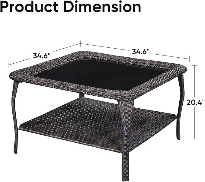 Patio Tables Outdoor Coffee Table - Wicker Rattan Coffee Tables with 2-Tier Storage Shelf Glass Top for Proch Deck Balcony Garden Squre Brown by GreenHaven Gardens