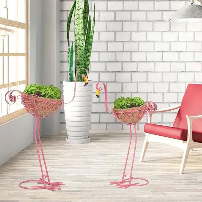Set of 2 Pink Metal Flamingo Planters with Basket for Indoor Outdoor Garden Yard Decor by GreenHaven Gardens