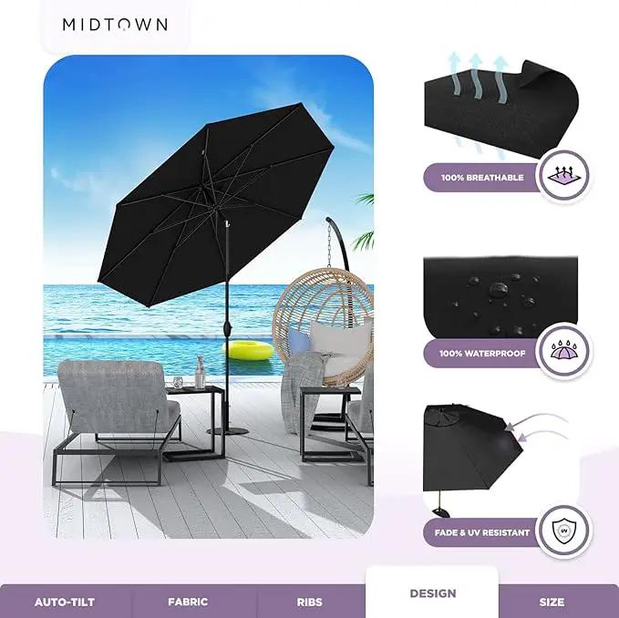 Midtown Umbrellas 10-Year-No-Fade - 6 Ft - UV Proof Black Polyester Fabric - Umbrella Outdoor Patio, Auto-Tilt Aluminum Frame Large Patio Umbrella for Garden, Pool & Deck - Black Pole by GreenHaven Gardens