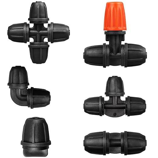 Upgraded 1/4" Drip Irrigation Fittings：60 Pieces Set-15 Couplings 15 Tees 5 Crosses 10 Elbows 10 End Plugs 5 Micro Dripper, Leak Free Barbed Locked Connectors for 1/4 Inch Irrigation Tubing by GreenHaven Gardens