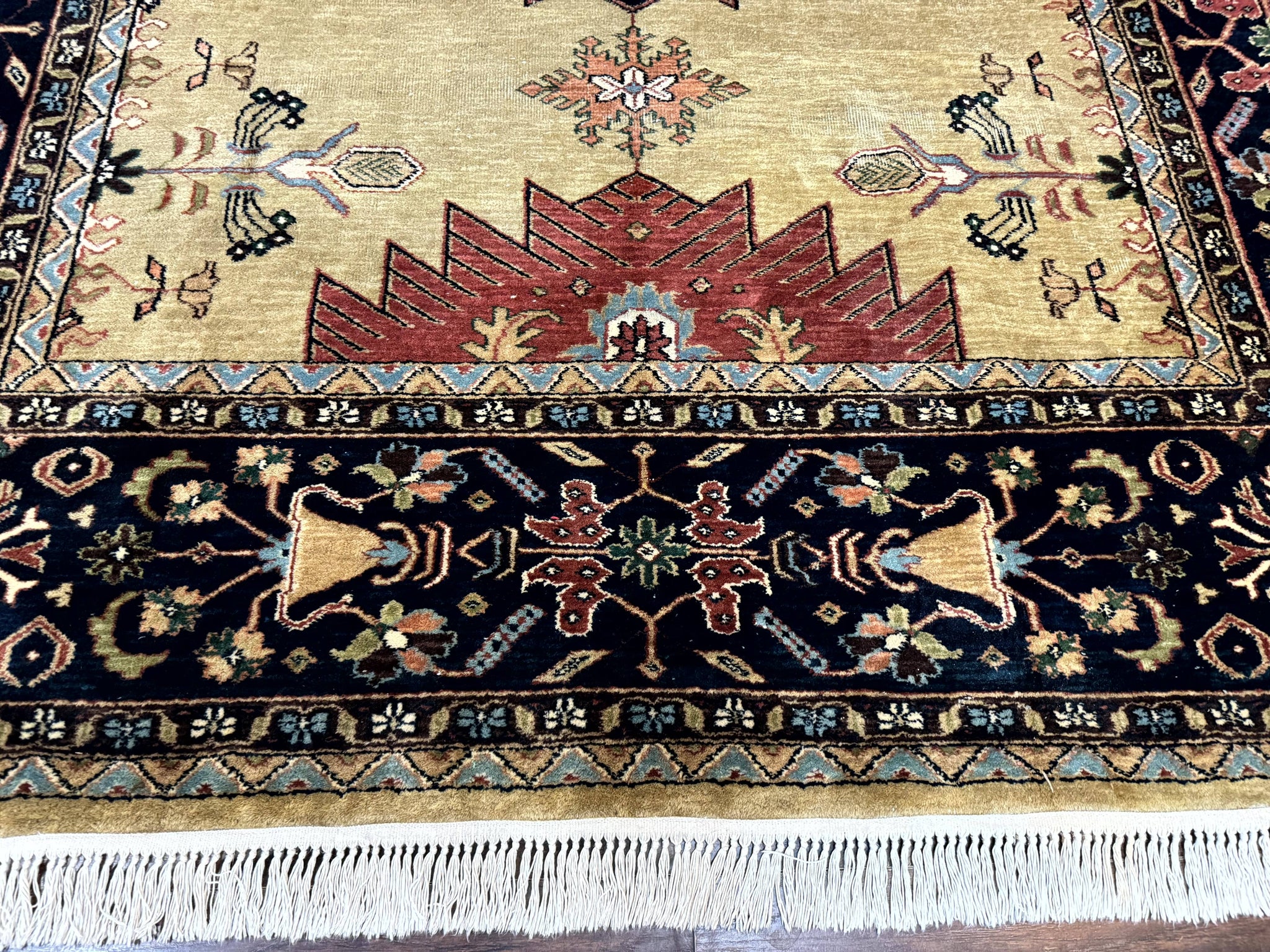Indo Persian Heriz Rug 8x12, Camel Hair Tan and Navy Blue, Decorative by Jewel Rugs