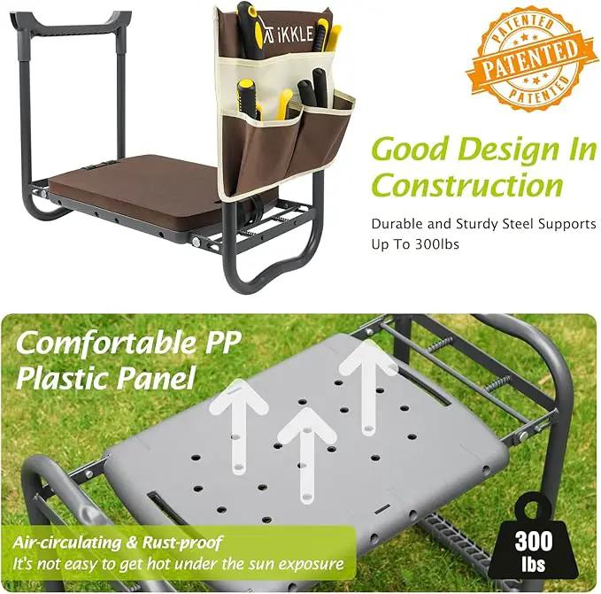 ikkle Garden Kneeler and Seat Gardening Stool Kneeler Folding Gardening Bench with Thicker Detachable Kneeling Pad and Tool Store Pouches (Brown) by GreenHaven Gardens
